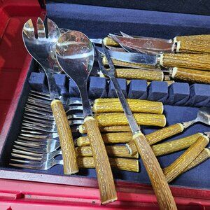 TETON Grill Antler Handled Silverware Service for Four & Bonus of 8 Steak Knives
